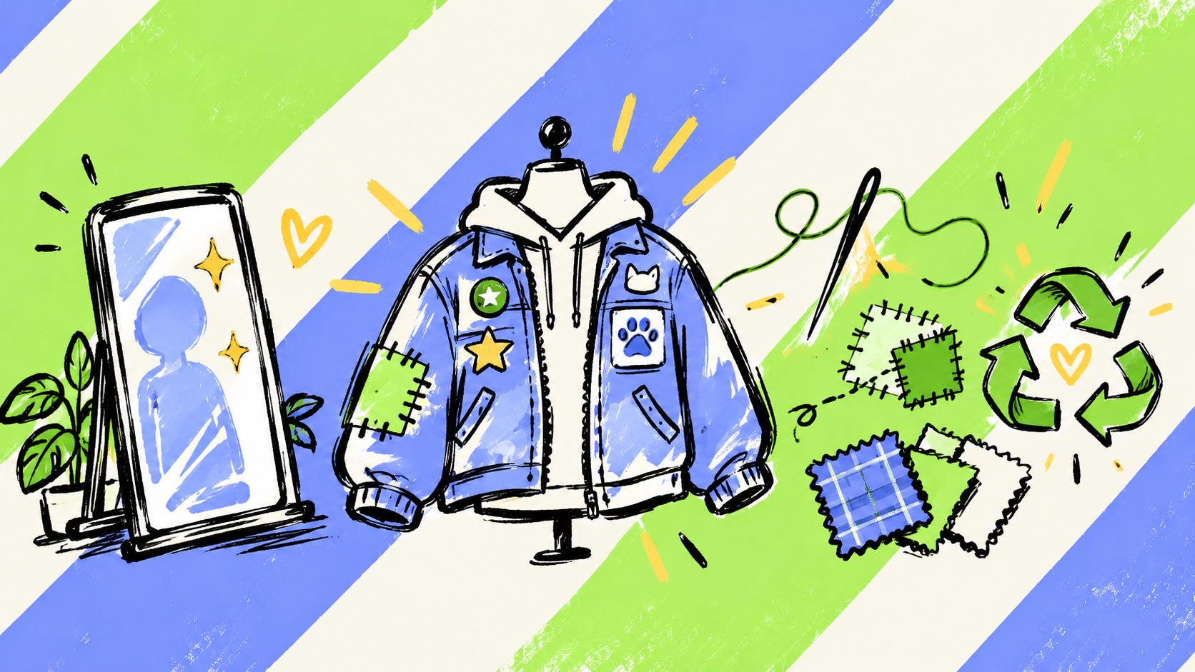 Hand-customised jacket with patches, stitching and rewearable clothes
