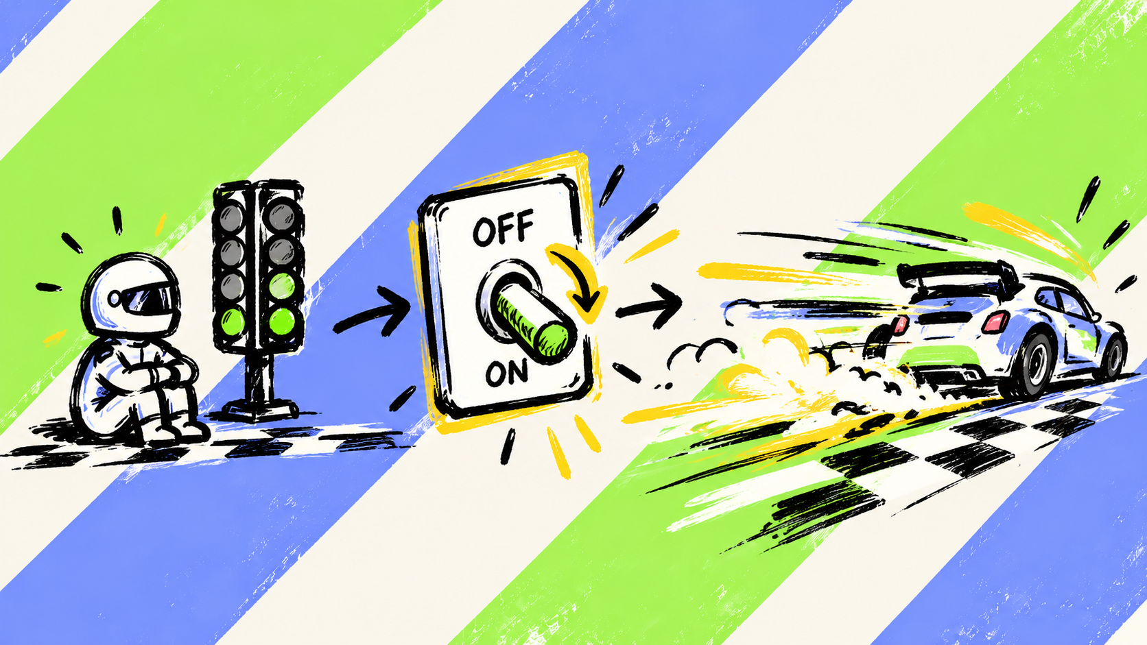 A racing start light switches from waiting to going, with a helmet and racing car