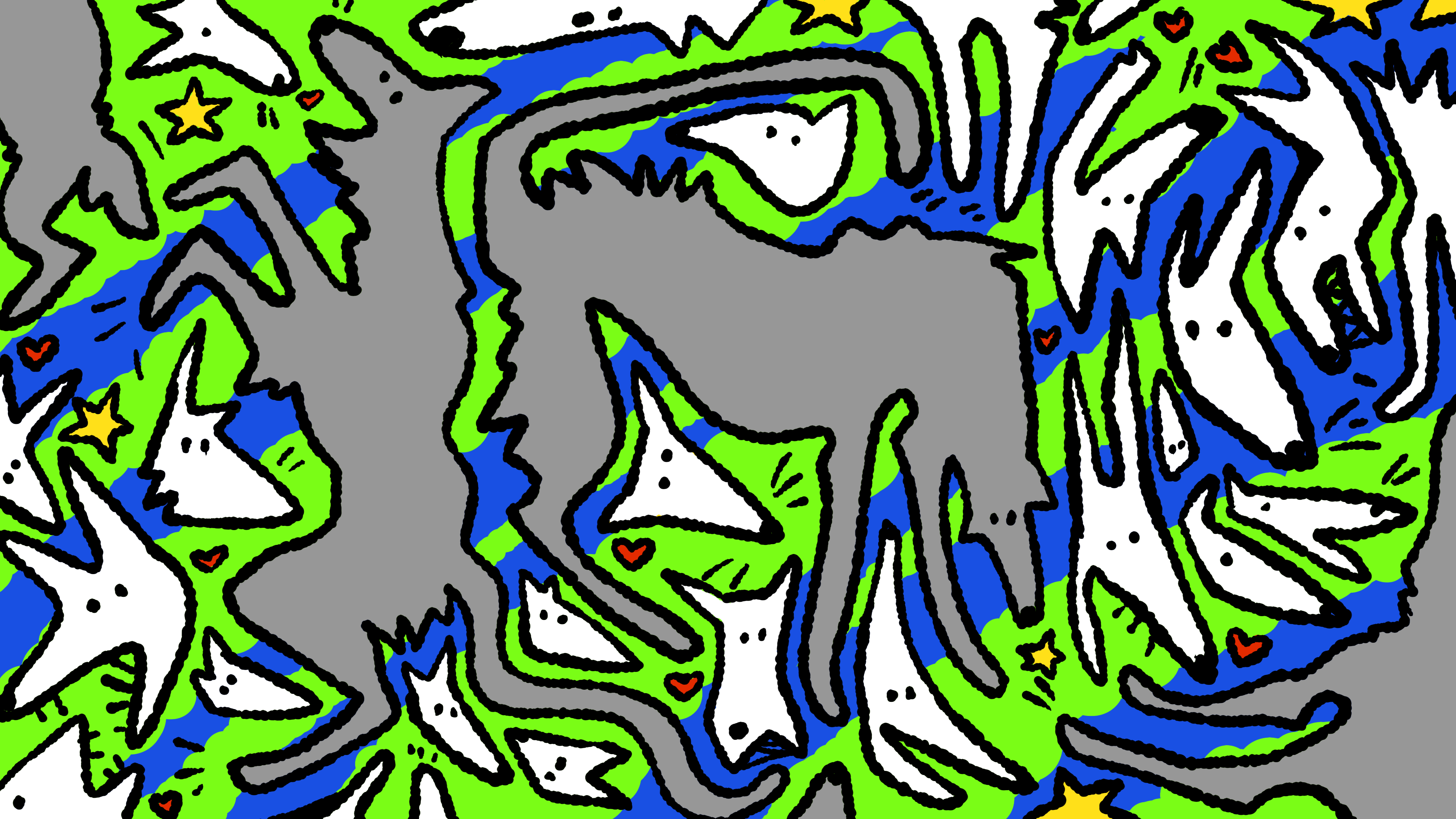 a hand-drawn pack of white ghost-like animals and a grey wolf, layered over green and blue diagonal stripes with red hearts and yellow stars scattered through